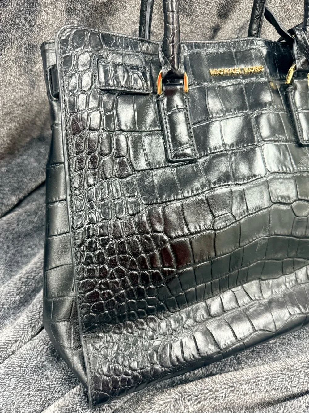 Michael Kors Black Croc-Embossed Leather Satchel with Strap